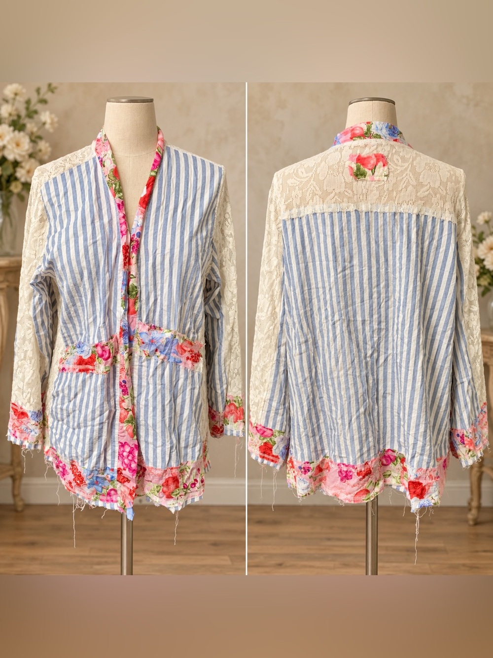 POL Women’s Size Large Boho Floral Striped Lace Kimono Cardigan NWOT